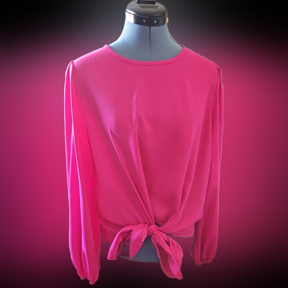 Vibrant Pink Long Sleeve Relaxed Tie Front Blouse